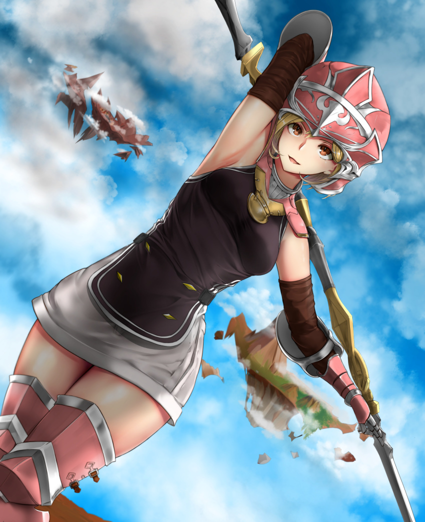 1girl arm_behind_head arm_up armored_boots armpits blonde_hair blue_sky boots braco breasts brown_eyes clouds cloudy_sky day djeeta_(granblue_fantasy) dutch_angle floating_island gauntlets granblue_fantasy helmet highres lancer_(granblue_fantasy) looking_at_viewer medium_breasts open_mouth polearm short_hair sky smile solo spear thigh-highs weapon zettai_ryouiki