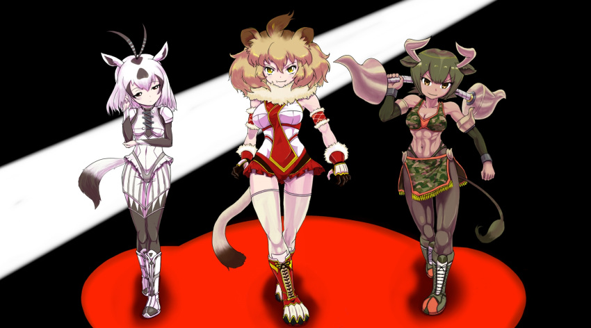 &gt;:) 3girls abs adapted_costume animal_ears antenna_hair arabian_oryx_(kemono_friends) armband arms_at_sides aurochs_(kemono_friends) bare_shoulders black_hair boots breasts brown_eyes brown_hair camouflage camouflage_print cleavage clenched_hand closed_mouth commentary_request corset covered_navel cow_ears cow_tail cross-laced_footwear dark_skin detached_sleeves expressionless eyebrows_visible_through_hair fangs fangs_out full_body fur_collar gauntlets green_hair hair_between_eyes half-closed_eyes hand_in_hair hand_on_own_arm hand_up highres holding holding_spear holding_weapon horns ishiba kemono_friends lace-up_boots leotard light_brown_hair lion_(kemono_friends) lion_ears lion_tail long_sleeves looking_at_viewer medium_hair multicolored_hair multiple_girls navel oryx_ears oryx_tail pants pantyhose pelvic_curtain pink_hair polearm short_hair shoulder-to-shoulder shoulder_armor slit_pupils smile spaulders spear sports_bra stomach tail thigh-highs thigh_gap toned two-tone_hair v-shaped_eyebrows walking weapon wrestling_outfit yellow_eyes