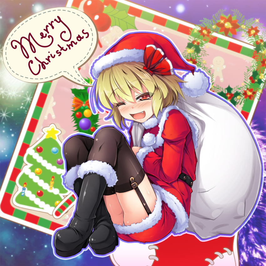 1girl ;d alternate_costume ass bangs belt black_belt black_footwear black_legwear blonde_hair blush boots candle chima_q christmas christmas_tree commentary_request eyebrows_visible_through_hair fang full_body fur-trimmed_boots fur_trim garter_straps gift_bag hair_between_eyes hair_ribbon hat highres holding holding_sack holly jacket knees_up legs_crossed long_sleeves merry_christmas miniskirt nose_blush one_eye_closed open_mouth outline panties panty_peek pom_pom_(clothes) purple_outline red_eyes red_hat red_jacket red_ribbon red_skirt ribbon rumia sack santa_costume santa_hat shiny shiny_clothes short_hair skirt smile solo speech_bubble star studded_belt thigh-highs thighs touhou underwear white_outline wreath