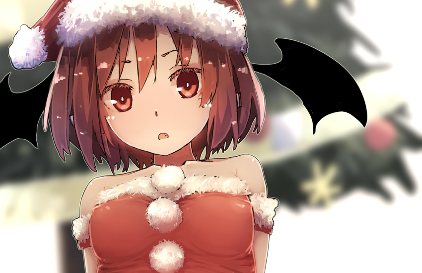 1girl alternate_costume bangs bare_shoulders blurry blurry_background breasts christmas_tree collarbone commentary_request demon_wings futatsuki_eru hair_between_eyes hat head_wings koakuma looking_at_viewer medium_breasts open_mouth pom_pom_(clothes) red_eyes redhead santa_costume santa_hat short_hair simple_background solo strapless touhou upper_body white_background wings