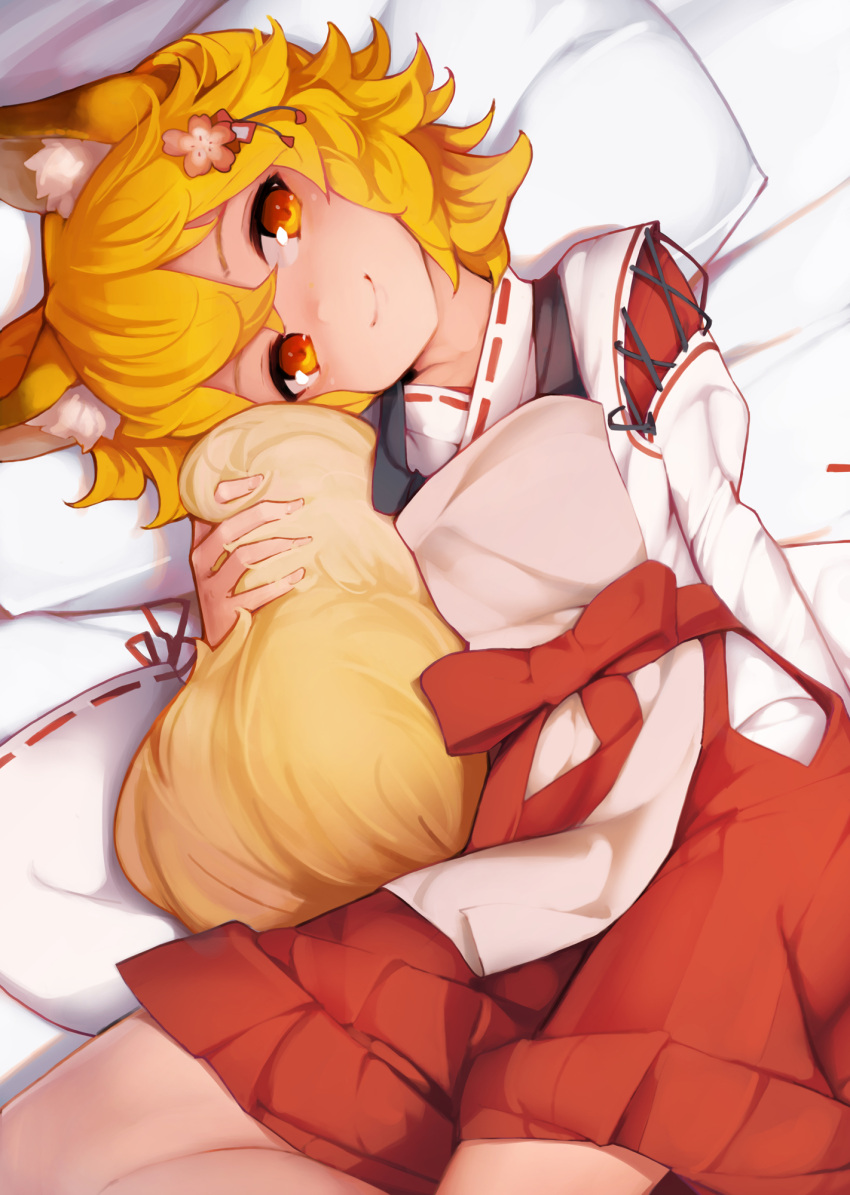 1girl animal_ear_fluff animal_ears ataruman bangs bed_sheet blonde_hair collarbone commentary_request commission crossed_bangs fox_ears fox_tail hair_between_eyes hair_ornament head_tilt highres holding_own_tail japanese_clothes looking_at_viewer lying on_back orange_eyes petite pillow ribbon-trimmed_sleeves ribbon_trim senko_(sewayaki_kitsune_no_senko-san) sewayaki_kitsune_no_senko-san short_hair smile solo tail tail_hold wide_sleeves