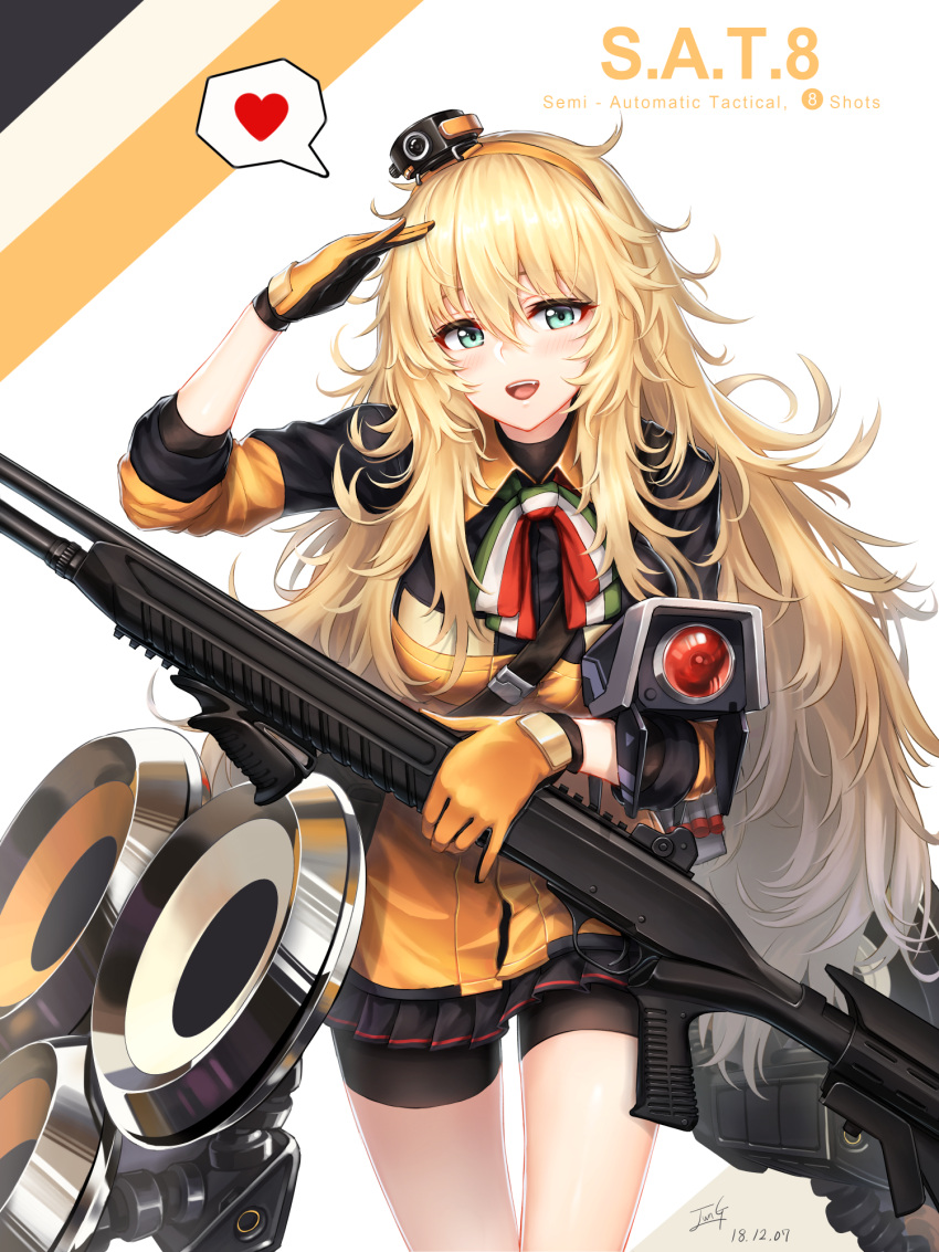 1girl baek_hyang bangs bike_shorts blonde_hair blush breasts character_name collared_jacket dated dinergate_(girls_frontline) girls_frontline gloves green_eyes gun hair_between_eyes hair_ornament hairband heart highres holding holding_gun holding_weapon italian_flag_neckwear jacket large_breasts long_hair looking_at_viewer messy_hair neck_ribbon open_mouth orange_hairband pleated_skirt ribbon s.a.t.8_(girls_frontline) s.a.t.8_(gun) salute shield shotgun sidelocks signature simple_background skirt smile snap-fit_buckle spoken_heart turtleneck very_long_hair weapon white_background