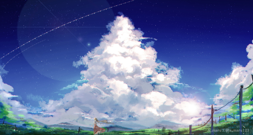 1girl absurdres artist_name blonde_hair blue_sky clouds cloudy_sky day dress fence gradient_sky grass highres long_hair original outdoors pink_dress scenery sky solo standing star_(sky) starry_sky twitter_username unity_(ekvmsp02) very_long_hair wide_shot