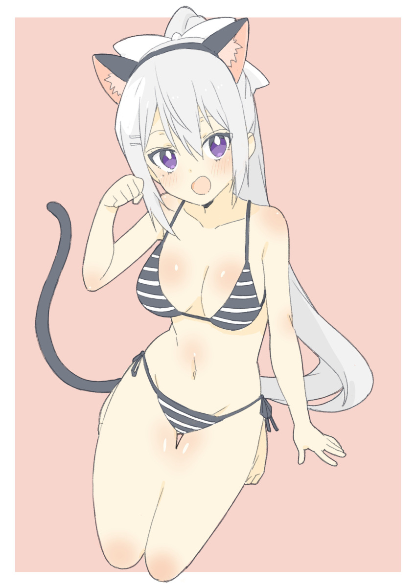 1girl :d absurdres animal_ears bare_legs bare_shoulders bikini black_bikini blush body_blush bow breasts cat_ears cat_tail copyright_request donguri_suzume grey_hair hair_between_eyes hair_bow hair_ornament hairband hairclip hand_up highres kemonomimi_mode large_breasts long_hair looking_at_viewer open_mouth paw_pose pink_background ponytail side-tie_bikini simple_background smile solo striped striped_bikini swimsuit tail thigh_gap very_long_hair violet_eyes white_bow