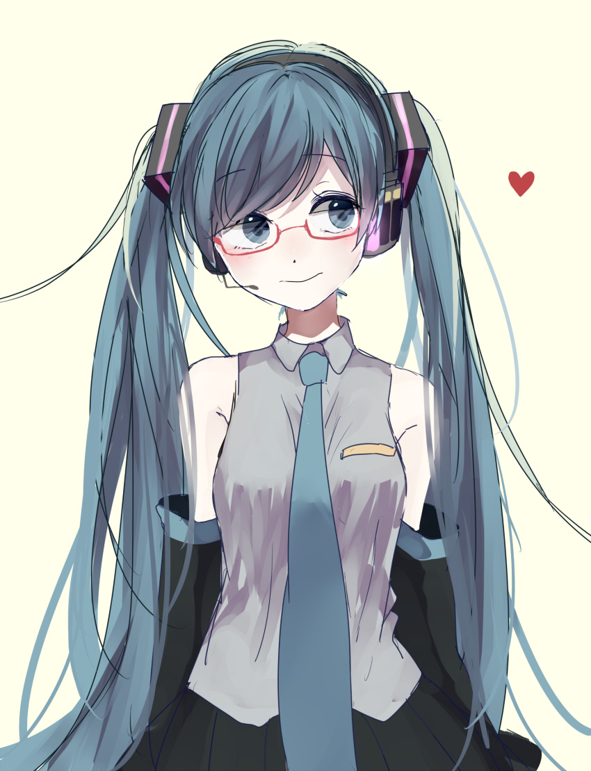 1girl alternate_eyewear arms_at_sides bare_shoulders blue_eyes blue_hair blue_neckwear blush detached_sleeves eyebrows_visible_through_hair glasses grey_shirt happy hatsune_miku headset heart highres long_hair looking_away necktie p2_(uxjzz) red-framed_eyewear shirt simple_background skirt sleeveless sleeveless_shirt smile solo twintails upper_body very_long_hair vocaloid white_background