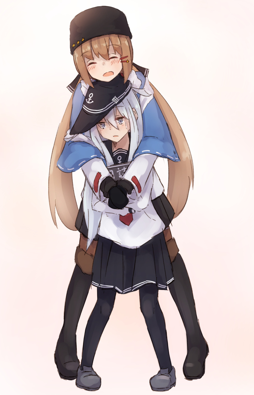 2girls ^_^ ^o^ black_footwear black_gloves black_hat black_legwear black_sailor_collar black_skirt blue_eyes blue_shawl blush boots brown_hair closed_eyes closed_eyes eyebrows_visible_through_hair flat_cap gloves hair_ornament hairclip hat height_difference hibiki_(kantai_collection) highres jacket kantai_collection kuuru_(kuuru-n) long_hair long_sleeves low_twintails multiple_girls neckerchief open_mouth papakha pleated_skirt red_neckwear sailor_collar scarf school_uniform serafuku shawl silver_hair skirt smile tashkent_(kantai_collection) thigh-highs thigh_boots torn_scarf twintails white_jacket white_scarf