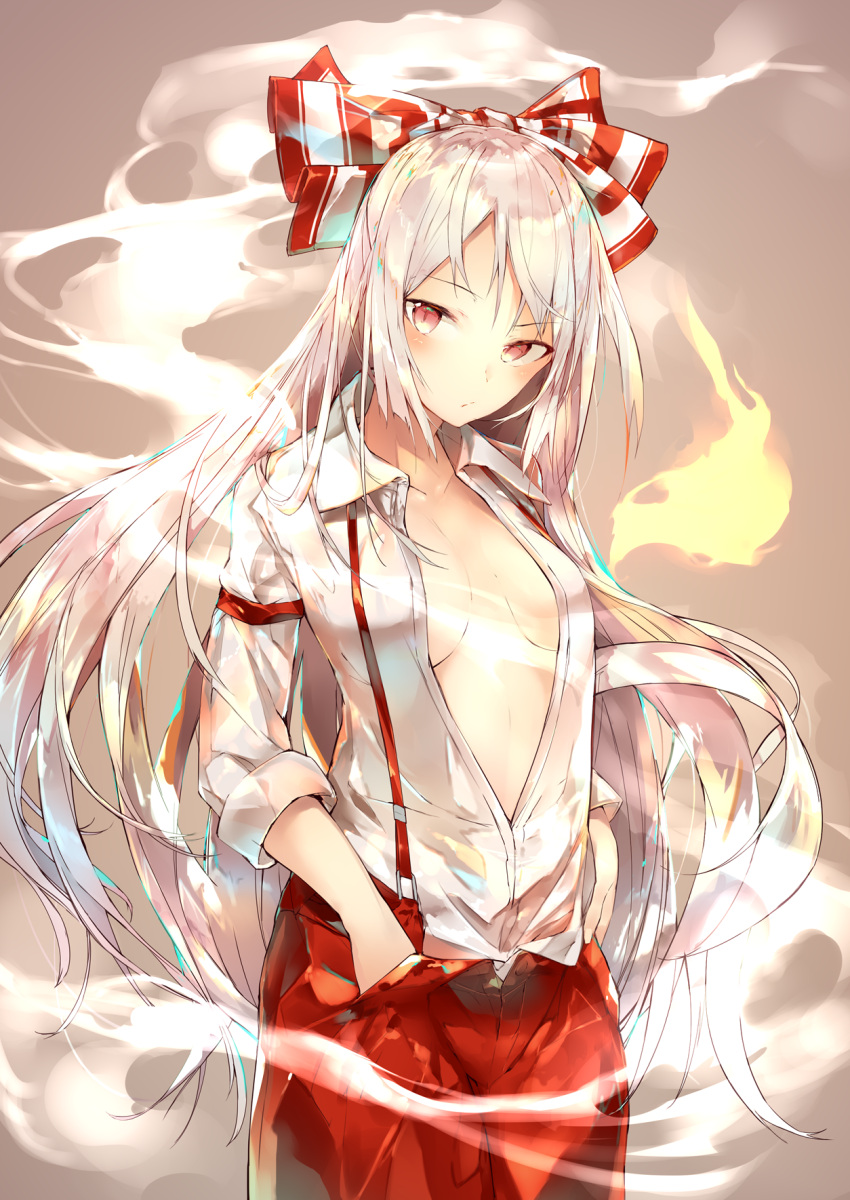 1girl bangs bow breasts breasts_apart collared_shirt cowboy_shot dress_shirt fujiwara_no_mokou grey_background hair_bow hand_in_pocket highres long_hair looking_at_viewer no_bra open_clothes open_fly open_shirt pants parted_bangs red_eyes red_pants sakusyo shirt simple_background sleeves_rolled_up small_breasts smoke solo suspenders touhou very_long_hair white_bow white_hair white_shirt wing_collar