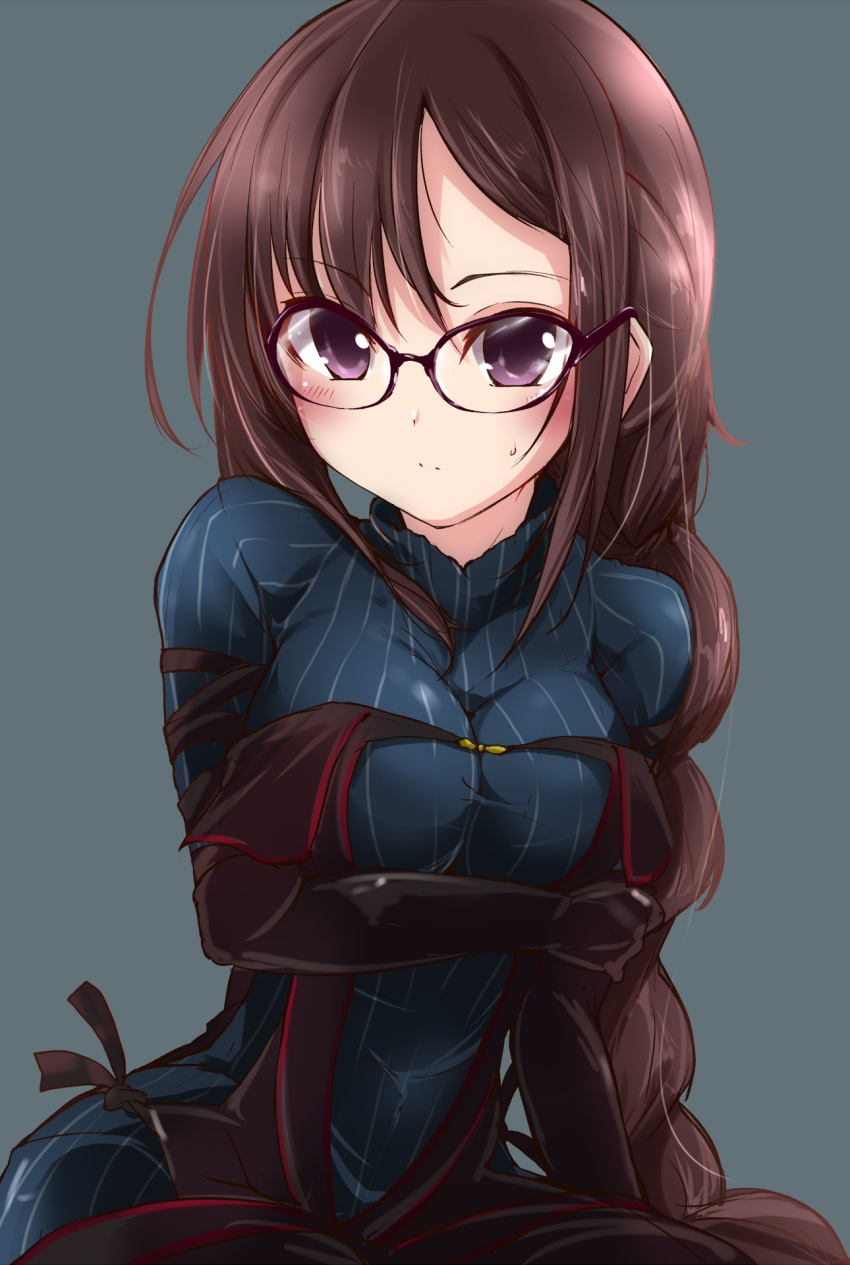 1girl akuta_hinako arm_under_breasts asymmetrical_bangs bangs black-framed_eyewear black_dress black_gloves blue_sweater blush braid breast_hold breasts brown_hair consort_yu_(fate) dress elbow_gloves fate/grand_order fate_(series) glasses gloves highres large_breasts long_braid long_hair looking_at_viewer nanaume_(shichimi_tougarashi) ribbed_sweater simple_background single_braid sitting solo strapless strapless_dress sweatdrop sweater sweater_dress very_long_hair violet_eyes