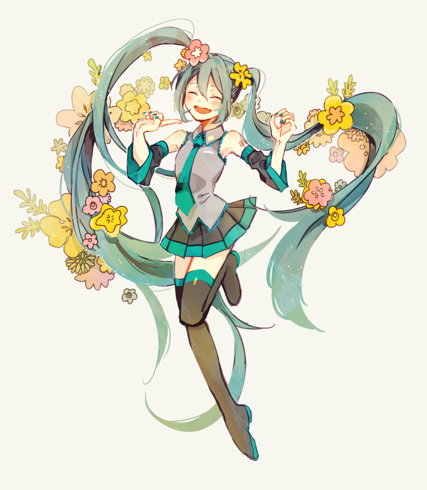 1girl :d ^_^ armpits arms_up bare_shoulders blue_hair blue_nails blue_neckwear closed_eyes closed_eyes detached_sleeves fingernails floating_hair flower full_body grey_background grey_shirt hair_flower hair_ornament happy hatsune_miku highres jumping leg_up long_hair nail_polish necktie open_mouth orange_flower pink_flower plant purple_flower shirt simple_background skirt sleeveless sleeveless_shirt smile solo standing standing_on_one_leg thigh-highs twintails vocaloid yellow_flower