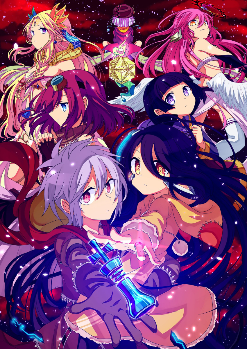 2boys 5girls ahoge angel_wings back blonde_hair blue_eyes braid breasts chess_piece closed_mouth couronne_(no_game_no_life) elf feathered_wings gloves goggles goggles_on_head gradient_hair halo hat highres jibril_(no_game_no_life) king_(chess) large_breasts long_hair low_wings magic_circle multicolored multicolored_eyes multicolored_hair multiple_boys multiple_girls no_game_no_life nonna_(no_game_no_life) orange_eyes pink_hair pointy_ears purple_hair red_eyes riku_(no_game_no_life) scarf short_hair shuvi_(no_game_no_life) silver_hair sync_nilvalen teto_(no_game_no_life) very_long_hair violet_eyes white_wings wing_ears wings yellow_eyes yuiti43