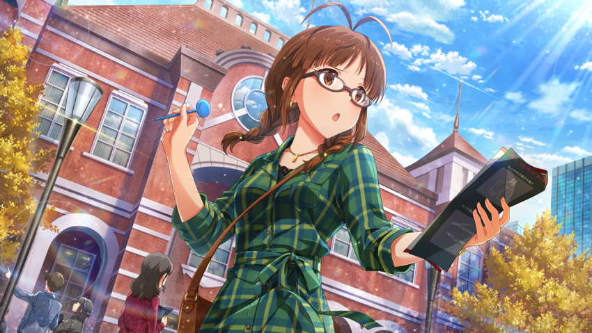 akizuki_ritsuko blush brown_hair dress glasses idolmaster idolmaster_million_live! idolmaster_million_live!_theater_days long_hair smile violet_eyes