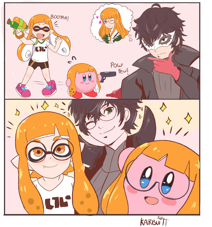 1boy 1girl absurdres amamiya_ren black_hair blue_eyes comic copy_ability domino_mask glasses gloves highres hoshi_no_kirby inkling karbuitt kirby kirby_(series) long_hair mask nintendo persona persona_5 photo sakura_futaba short_hair simple_background smile splatoon splatoon_(series) splatoon_1 squid super_smash_bros. super_smash_bros._ultimate tentacle_hair