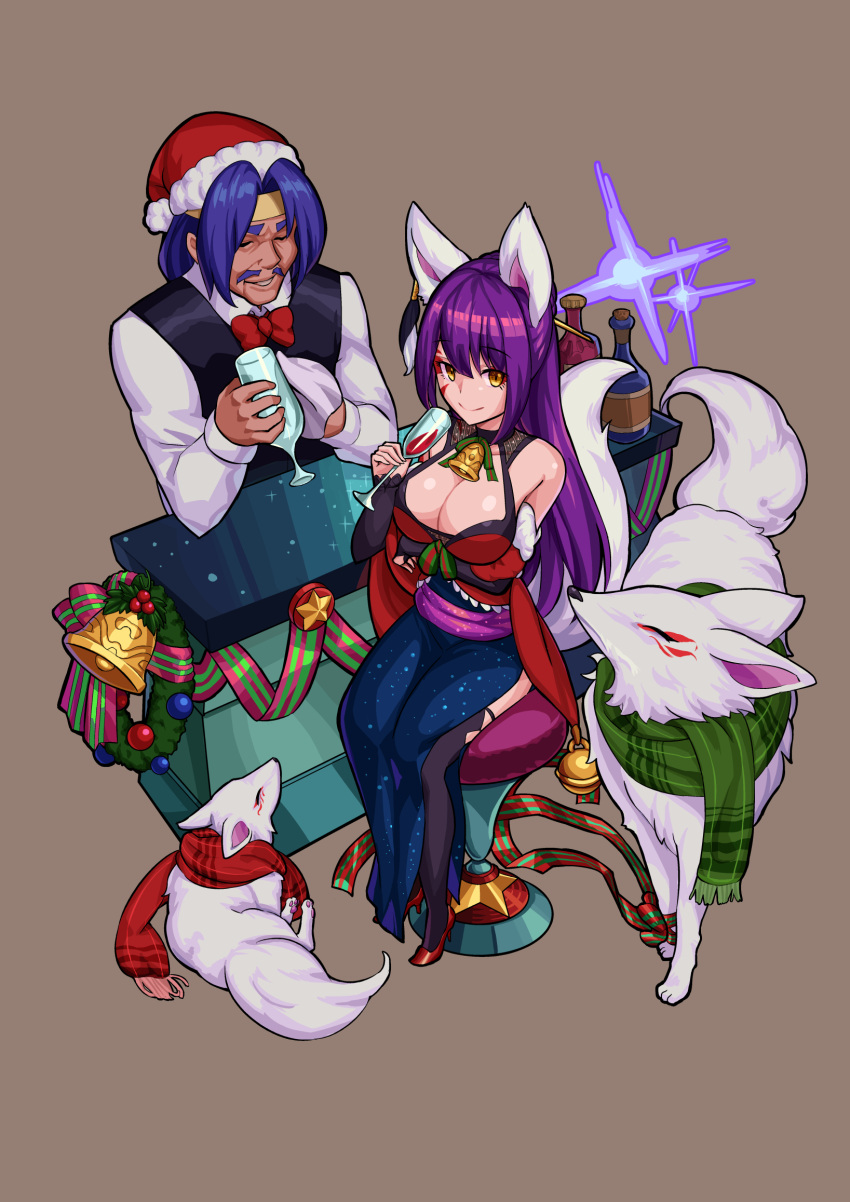 1boy 1girl alcohol animal_ears bottle breasts christmas cup drinking_glass fox fox_ears hat hei_niao high_heels highres kitsune large_breasts long_hair monster_strike purple_hair red_footwear santa_hat scarf simple_background table tagme tail thigh-highs wine wine_bottle wine_glass yellow_eyes