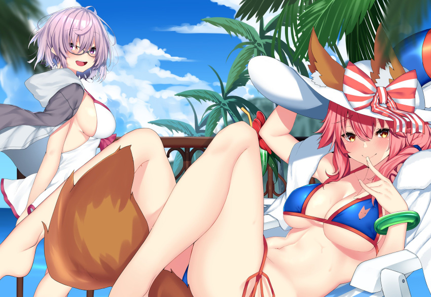 2girls animal_ears bangs bare_shoulders beach beach_chair bikini blue_bikini blue_sky blush bow bracelet breasts cleavage closed_mouth collarbone dress_swimsuit ears_through_headwear fate/extra fate/grand_order fate_(series) fox_ears fox_tail glasses grey_jacket hair_between_eyes hair_over_one_eye hat highres innertube jacket jewelry knees_up large_breasts lavender_hair legs long_hair looking_at_viewer mash_kyrielight multiple_girls navel nebusoku open_clothes open_jacket open_mouth palm_tree pink_hair short_hair sideboob sidelocks sitting sky smile striped striped_bow sun_hat swimsuit swimsuit_of_perpetual_summer tail tamamo_(fate)_(all) tamamo_no_mae_(swimsuit_lancer)_(fate) thighs tree violet_eyes white_swimsuit yellow_eyes