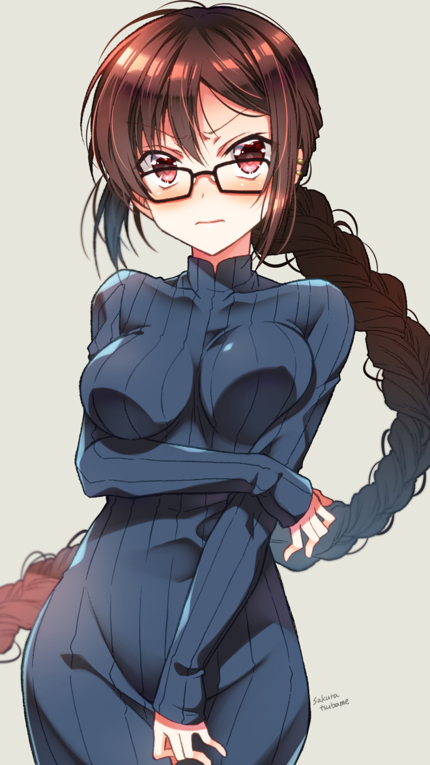 1girl artist_name black-framed_eyewear blue_sweater braid breasts brown_hair closed_mouth commentary_request consort_yu_(fate) eyebrows_visible_through_hair fate/grand_order fate_(series) frown grey_background highres long_hair looking_at_viewer medium_breasts red_eyes ribbed_sweater sakura_tsubame simple_background single_braid solo sweat sweater very_long_hair