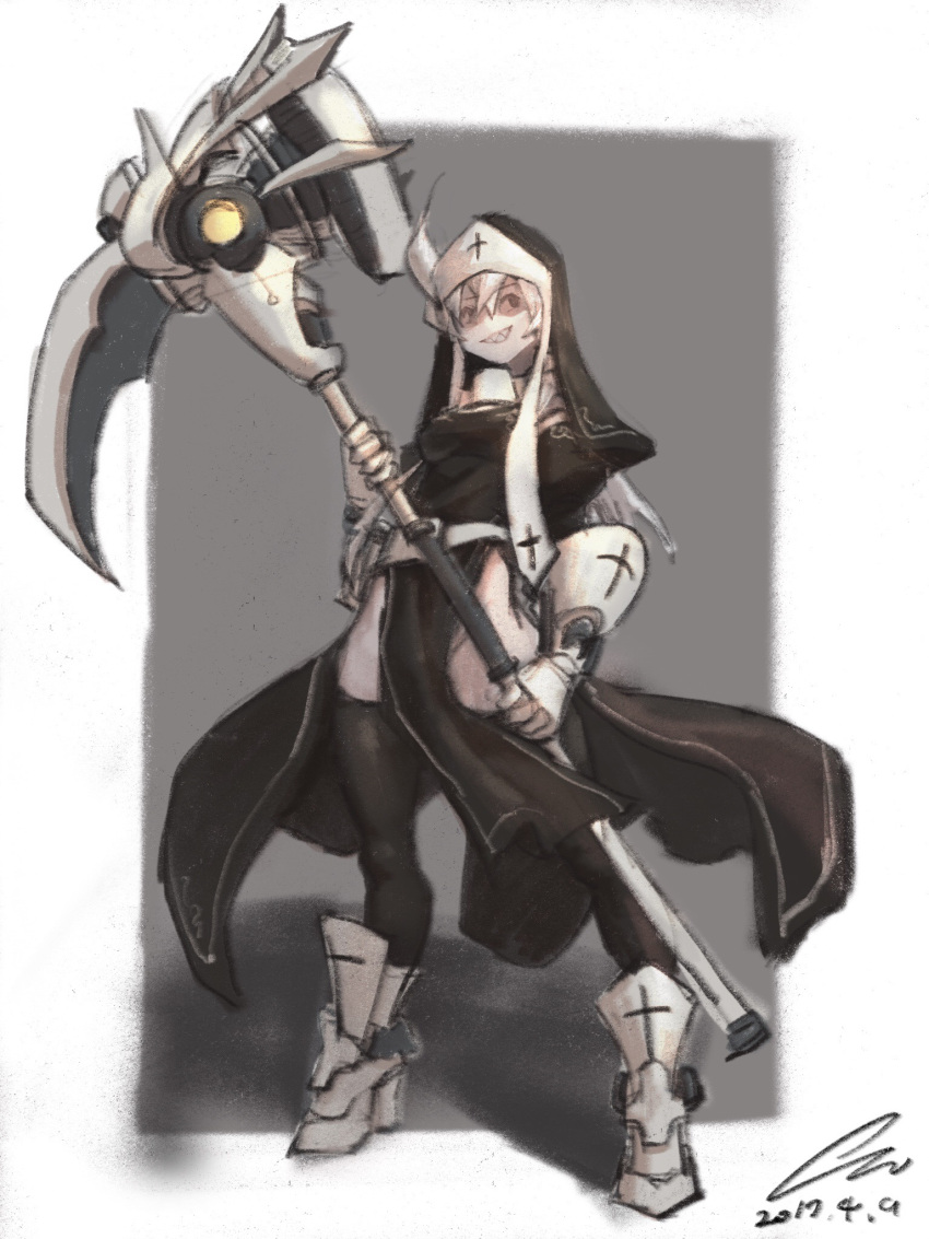 black_eyes dated gauntlets greaves high_heels highres holding holding_scythe holding_weapon long_hair nun original oz_(gerbera7) scythe sharp_teeth signature simple_background smile teeth thigh-highs weapon white_hair