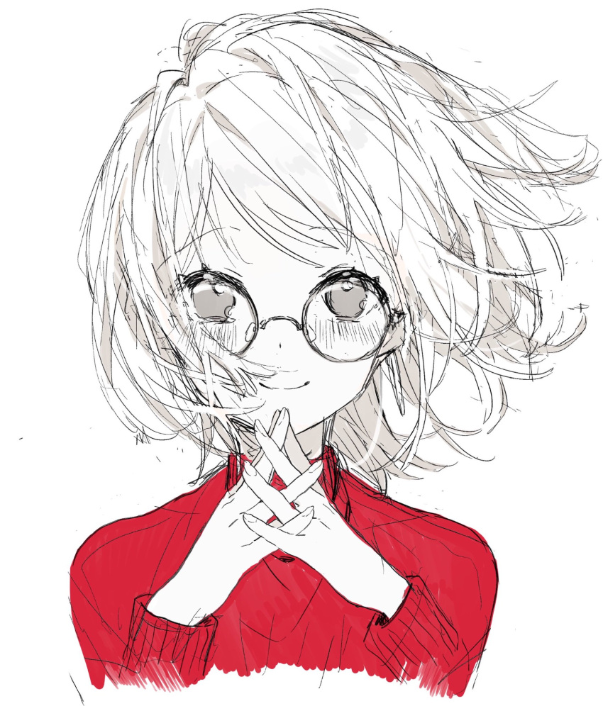 1girl bad_id bad_twitter_id blush closed_mouth fingernails floating_hair glasses highres interlocked_fingers long_sleeves looking_at_viewer monochrome original own_hands_together red red_sweater round_eyewear short_hair simple_background smile sogawa solo sweater white_background