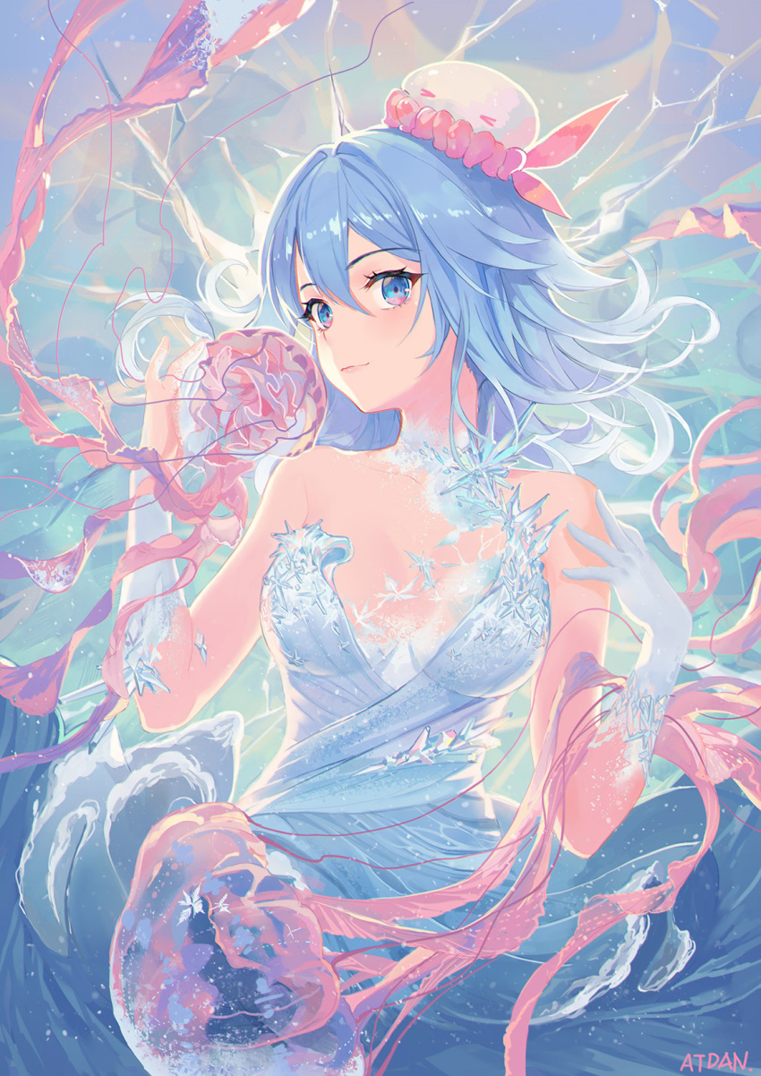 1girl animal artist_name atdan bangs bare_shoulders blue_dress blue_eyes blue_hair blush breasts breasts_apart closed_mouth collarbone dress fish gloves hair_between_eyes hair_intakes haiyi hands_up hat highres jellyfish light_particles long_hair looking_at_viewer medium_breasts mini_hat sleeveless sleeveless_dress smile solo strapless strapless_dress surreal upper_body vocaloid white_gloves white_hat