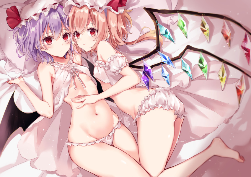 2girls babydoll bangs bare_arms bare_legs bare_shoulders barefoot bat_wings bed_sheet black_wings blonde_hair breasts crystal flandre_scarlet groin hair_between_eyes hat hat_ribbon highres kisaragi_yuri long_hair looking_at_viewer lying mob_cap multiple_girls navel on_back panties pillow red_eyes red_ribbon remilia_scarlet ribbon sheet_grab short_hair siblings sisters small_breasts stomach touhou underwear underwear_only white_bloomers white_hat white_panties wings