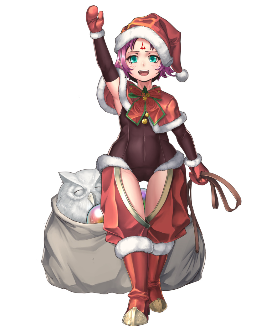 1girl alba arm_up fa facial_mark feh_(fire_emblem_heroes) fire_emblem fire_emblem:_fuuin_no_tsurugi fire_emblem_heroes forehead_mark full_body fur_trim green_eyes hat highres mamkute mittens nintendo open_mouth orb pointy_ears pom_pom_(clothes) purple_hair red_hat sack santa_costume santa_hat short_hair simple_background standing white_background