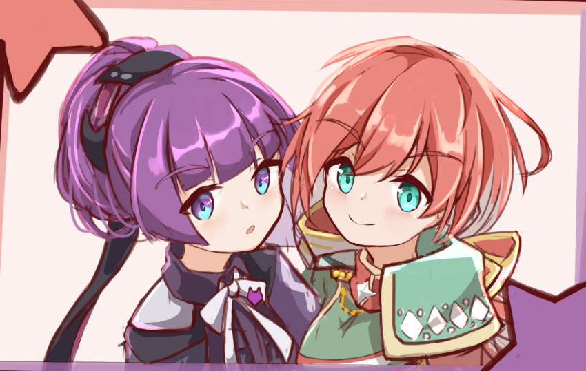 2girls bangs blush bow brown_hair carcano_m91/38_(girls_frontline) character_request closed_mouth collared_jacket eyebrows_visible_through_hair girls_frontline green_eyes green_jacket hair_between_eyes high_ponytail highres jacket looking_at_viewer matsuo_(matuonoie) multicolored multicolored_eyes multiple_girls parted_lips ponytail purple_hair purple_jacket smile violet_eyes white_bow