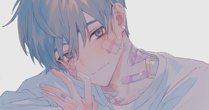 1boy bandaid bandaid_on_face bandaid_on_neck closed_mouth fingernails grey_background grey_eyes grey_hair hand_up head_tilt hirota_tsuu looking_at_viewer male_focus original shirt simple_background smile solo too_many too_many_bandaids white_shirt