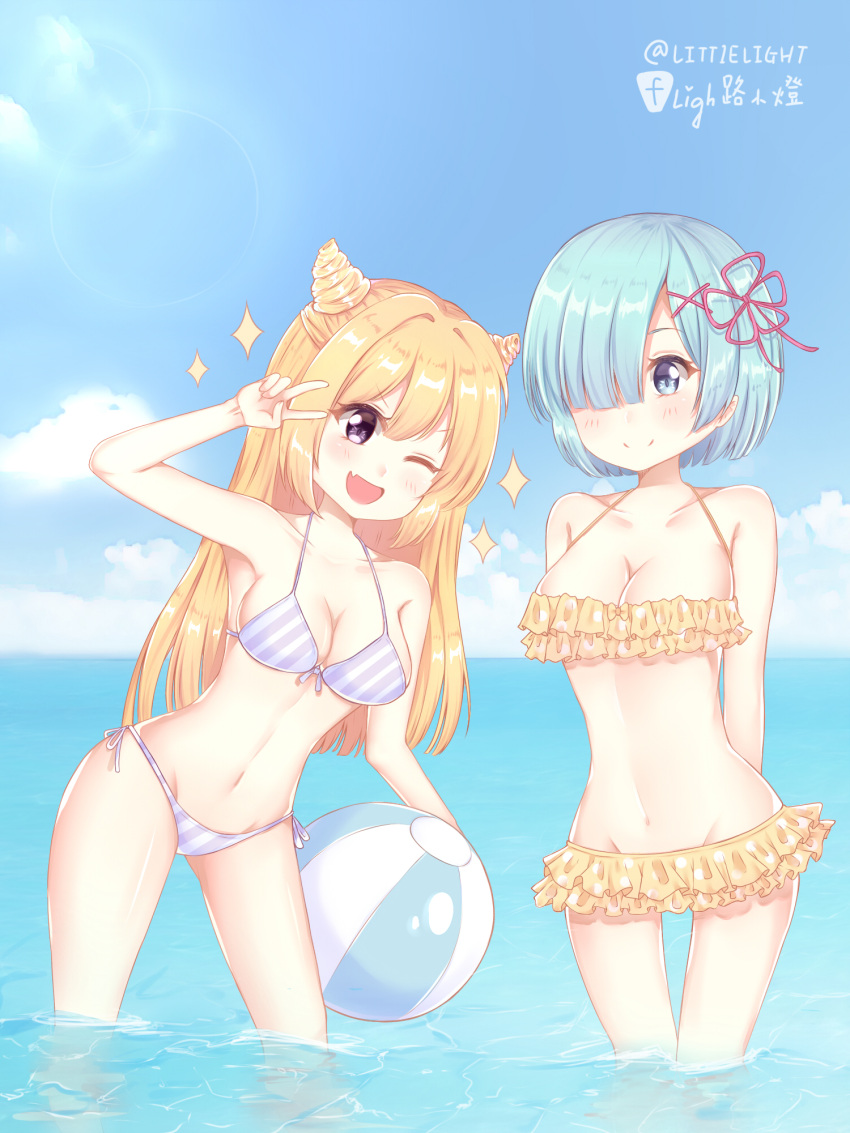 2girls ;d arm_up arms_behind_back ball bare_arms bare_shoulders beachball bikini blonde_hair blue_eyes blue_hair blue_sky blush breasts cleavage closed_mouth clouds cloudy_sky collarbone commentary_request day diagonal_stripes fang front-tie_bikini front-tie_top groin hair_ornament hair_over_one_eye hair_ribbon hairclip highres horizon large_breasts leaning_to_the_side light_(luxiao_deng) long_hair multiple_girls navel ocean one_eye_closed open_mouth original outdoors pink_ribbon polka_dot polka_dot_bikini re:zero_kara_hajimeru_isekai_seikatsu rem_(re:zero) ribbon short_hair side-tie_bikini sky smile sparkle standing striped striped_bikini swimsuit thigh_gap two_side_up v_over_eye very_long_hair violet_eyes wading water x_hair_ornament yellow_bikini