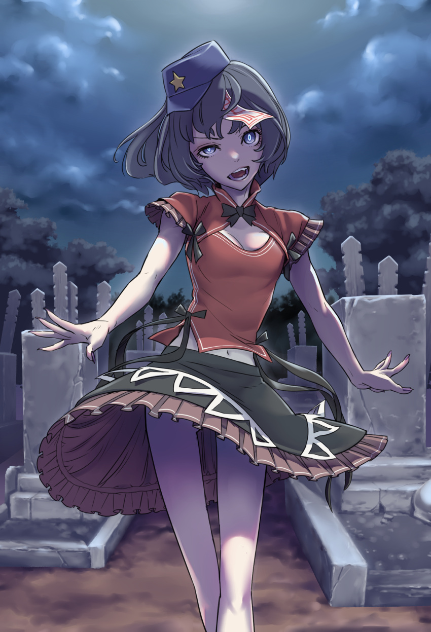 1girl bare_arms bare_legs black_hair black_skirt blue_eyes blue_hat breasts capelet clouds cowboy_shot fingernails graveyard hat head_tilt highres kawayabug long_fingernails looking_at_viewer medium_breasts midriff miniskirt miyako_yoshika nail_polish navel night night_sky ofuda open_mouth outdoors purple_nails red_capelet red_shirt shirt short_hair short_sleeves skirt sky smile solo star tombstone touhou uneven_eyes