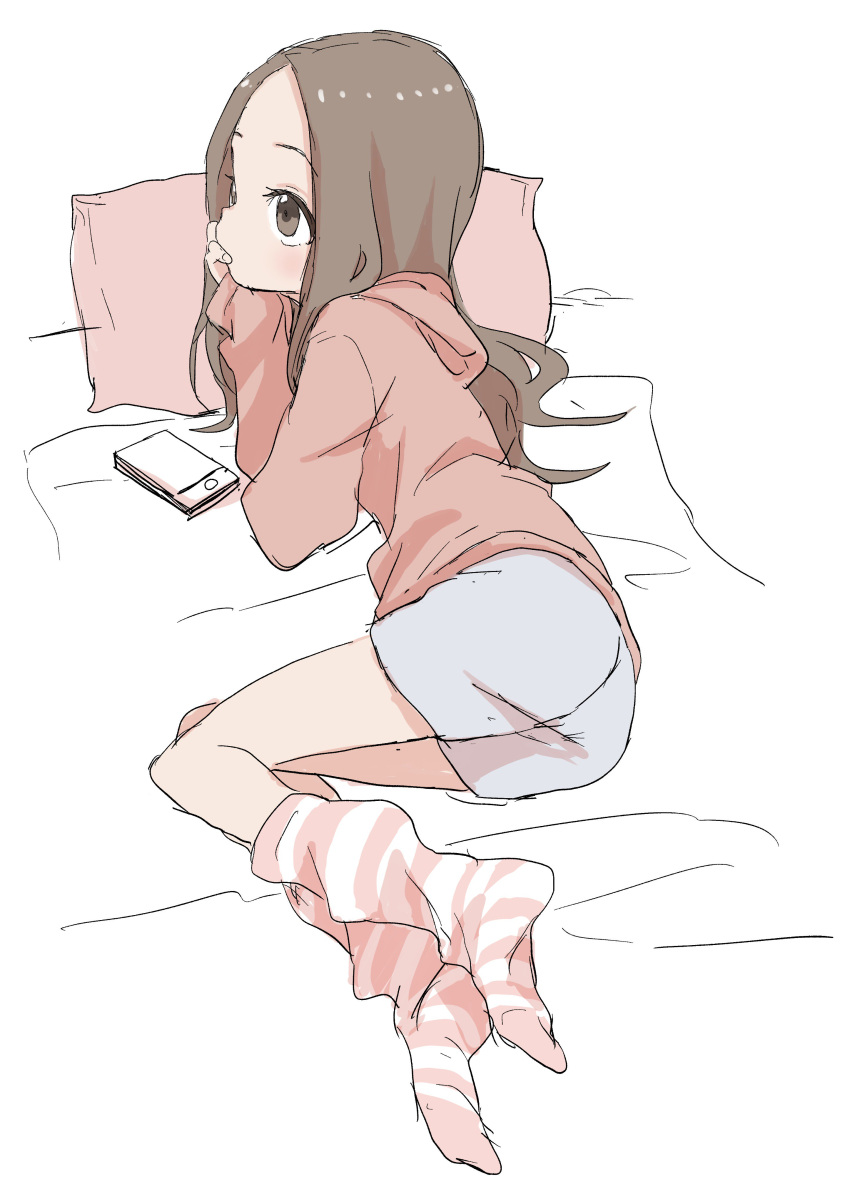 1girl absurdres ass bangs blue_shorts boyshorts brown_eyes brown_hair cellphone chin_rest closed_mouth commentary_request from_behind highres hood hood_down hoodie karakai_jouzu_no_takagi-san leg_warmers long_sleeves lying on_bed on_side parted_bangs phone pillow pink_legwear red_hoodie shorts solo striped striped_legwear takagi-san yamamoto_souichirou