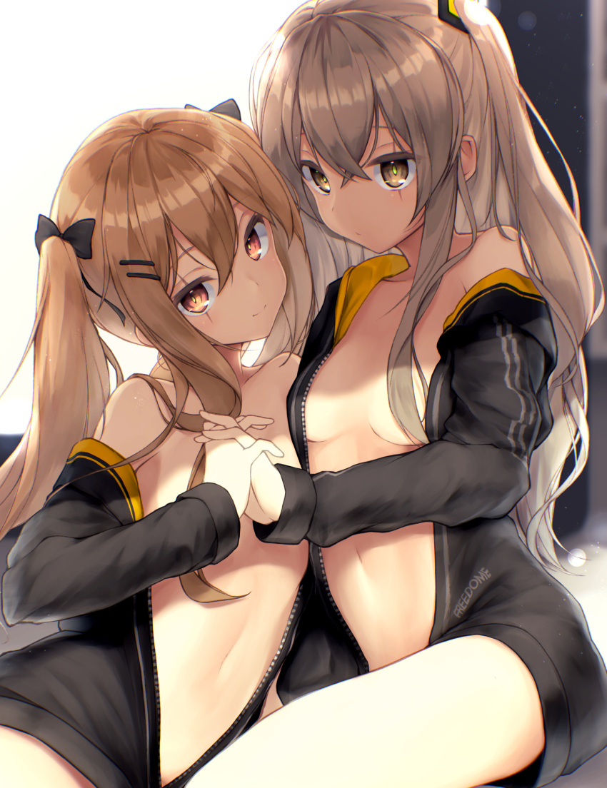 2girls bangs black_bow black_jacket bow breasts brown_eyes brown_hair crossed_bangs girls_frontline grey_hair hair_between_eyes hair_bow hair_ornament hairclip hand_holding highres hood hood_down hooded_jacket hoodie interlocked_fingers jacket long_hair long_sleeves looking_at_viewer multiple_girls naked_coat navel one_side_up open_clothes open_jacket rupe_paperu scar scar_across_eye small_breasts smile twintails ump45_(girls_frontline) ump9_(girls_frontline)