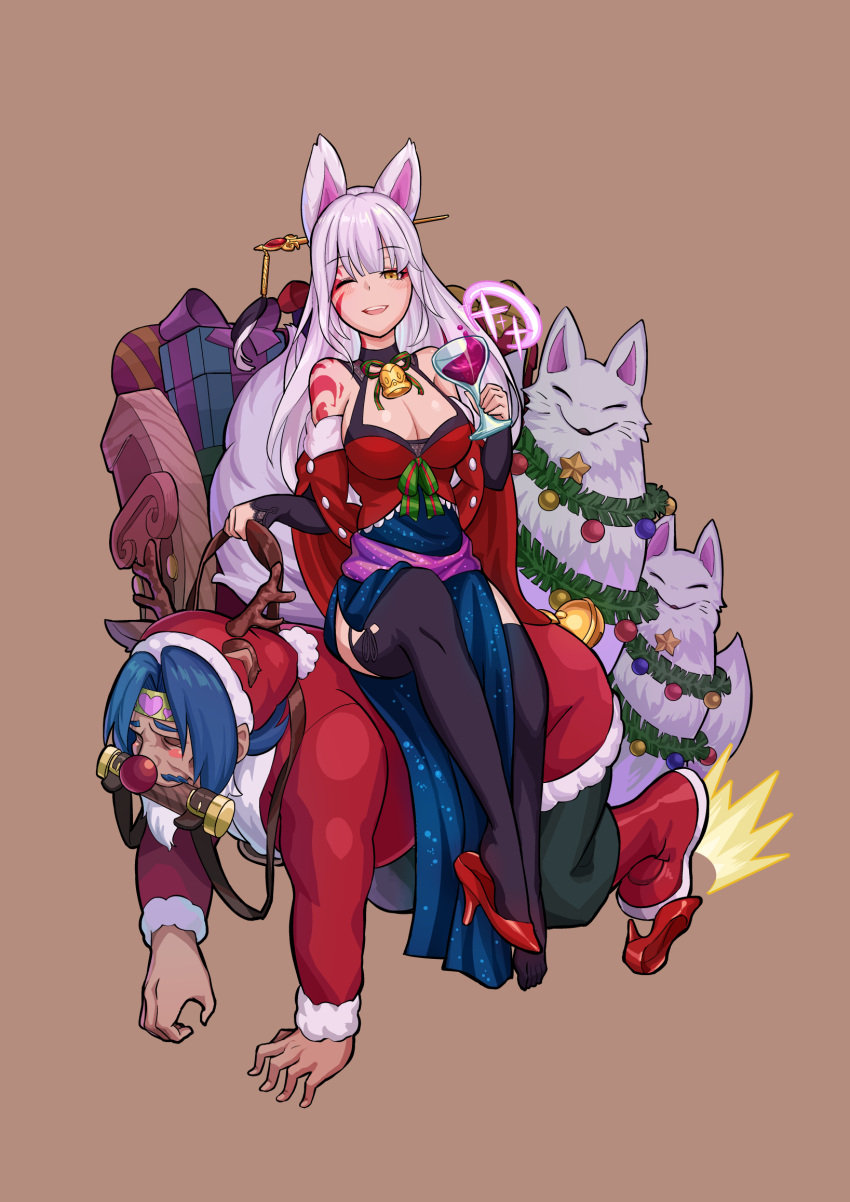 1boy 1girl assertive breasts christmas christmas_ornaments cup drinking_glass eyebrows_visible_through_hair fox gift hei_niao high_heels highres human_chair human_furniture kitsune monster_strike one_eye_closed open_mouth red_footwear sitting sitting_on_person tagme tail thigh-highs white_hair wine_glass yellow_eyes