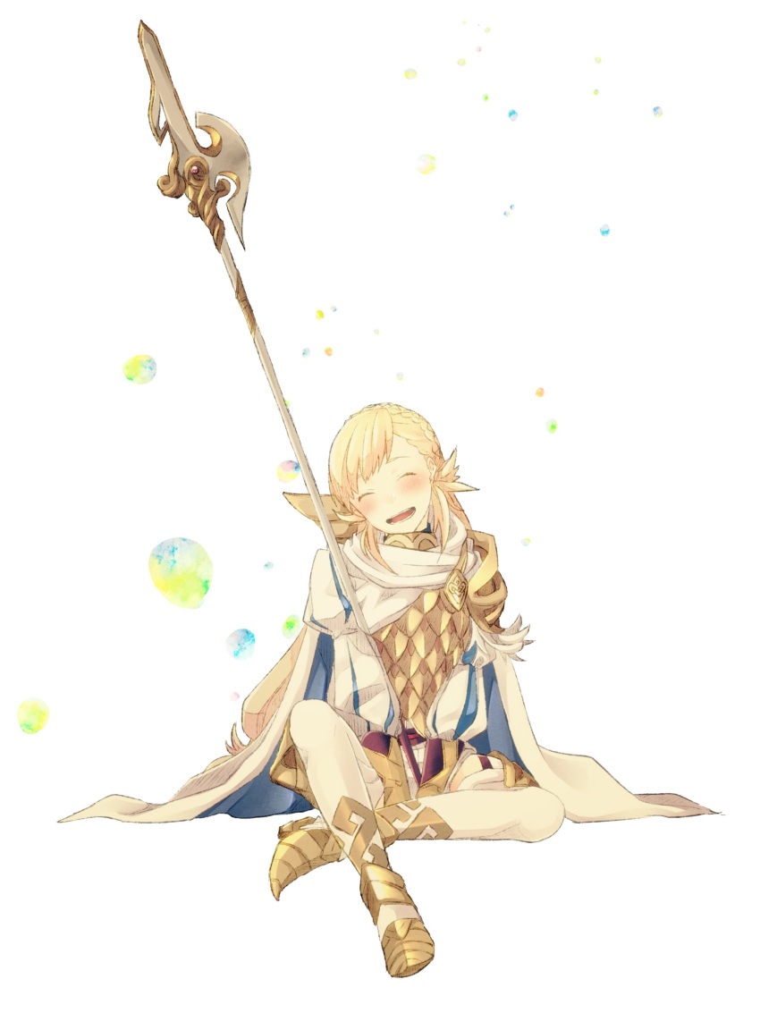 1girl absurdres armor blonde_hair blush braid cape closed_eyes crown_braid fire_emblem fire_emblem_heroes highres holding_polearm long_hair long_sleeves nintendo nishimura_(nianiamu) open_mouth polearm sharena simple_background sitting solo weapon white_background