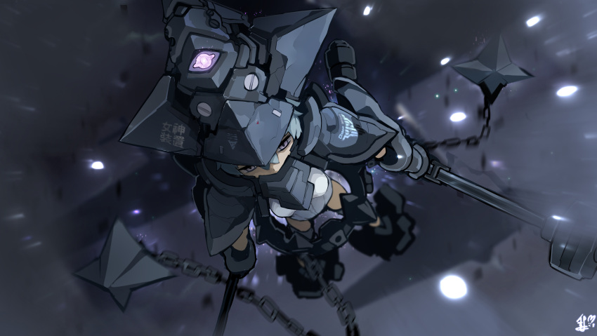 1girl absurdres aircraft airplane chains elbow_gloves falling gloves glowing grey_hair hair_between_eyes headgear helmet highres holding holding_weapon original pauldrons rtari signature solo upside-down violet_eyes weapon writing