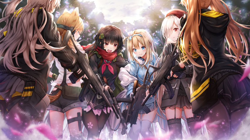 6+girls absurdres animal_ears armband assault_rifle bangs belt beret black_hair black_legwear blonde_hair blue_eyes blue_jacket blue_skirt blush braid breasts brown_hair bushman_idw cat_ears cat_tail cherry_blossom_print closed_mouth coat commentary_request drum_magazine eyebrows_visible_through_hair fingerless_gloves fur-trimmed_jacket fur_trim g36c g36c_(girls_frontline) garter_straps girls_frontline gloves grey_coat grey_hair grey_shorts gun h&amp;k_ump h&amp;k_ump45 h&amp;k_ump9 hair_between_eyes hair_ornament hair_over_one_eye hairband hairclip hat headphones heckler_&amp;_koch highres hip_vent holding holding_gun holding_weapon hood hooded_jacket idw_(girls_frontline) jacket knee_pads lace-trimmed_legwear large_breasts light_particles long_hair long_sleeves looking_down medium_breasts multiple_girls neckerchief one_side_up open_mouth outdoors pantyhose parted_lips pink_neckwear pleated_skirt red_eyes red_scarf ribbon rifle scarf school_uniform serafuku shawl shirt shorts side_braid sidelocks silver_hair skirt smile snowflake_hair_ornament striped striped_skirt submachine_gun suomi_kp/-31 suomi_kp31_(girls_frontline) suspenders tail thigh-highs thigh_strap toki_(toki_ship8) trigger_discipline twintails type_100 type_100_(girls_frontline) ump45_(girls_frontline) ump9_(girls_frontline) very_long_hair weapon white_legwear