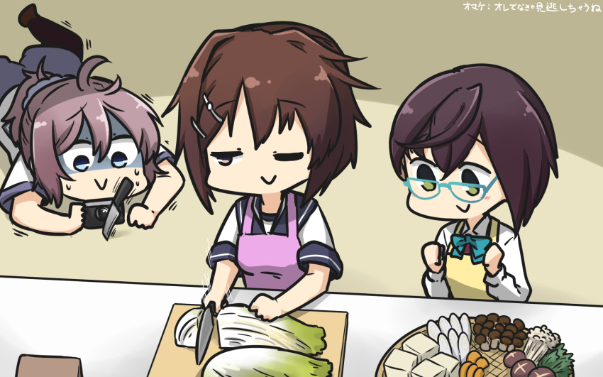 3girls aoba_(kantai_collection) apron black_legwear blue-framed_eyewear blue_eyes brown_hair camera chopping commentary_request counter cutting_board dated dress food furutaka_(kantai_collection) green_eyes hair_ornament hairclip hamu_koutarou highres kantai_collection knife lying messy_hair multiple_girls mushroom okinami_(kantai_collection) on_stomach one_eye_closed pink_apron ponytail purple_hair purple_shorts school_uniform scrunchie serafuku shaded_face shirt short_hair shorts sleeveless sleeveless_dress standing thigh-highs tofu tray white_shirt yellow_apron