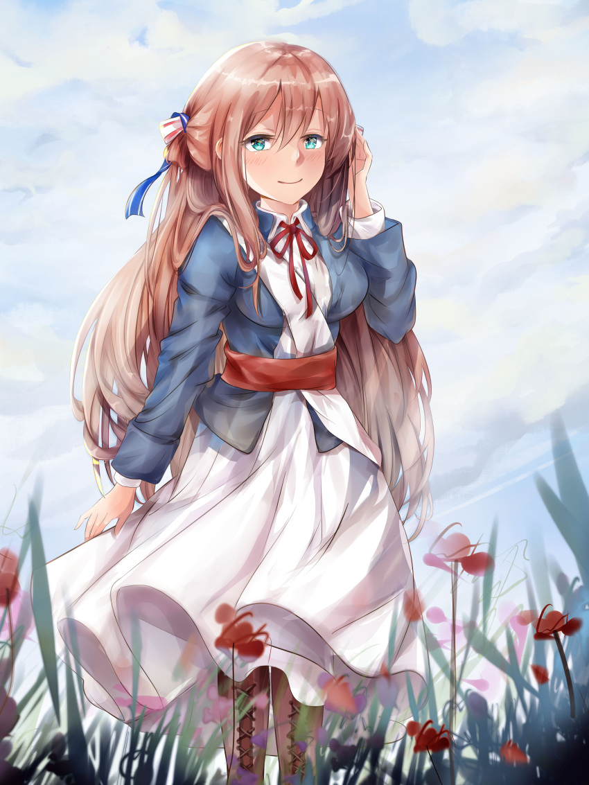 1girl absurdres arm_up bangs blue_eyes blue_jacket blue_sky blush boots bow breasts brown_footwear brown_hair closed_mouth clouds cloudy_sky collared_dress cross-laced_footwear day dress eyebrows_visible_through_hair flower girls_frontline hair_between_eyes hair_bow highres jacket lace-up_boots long_hair long_sleeves looking_at_viewer m1903_springfield_(girls_frontline) medium_breasts mutang neck_ribbon outdoors red_flower red_ribbon ribbon sky smile solo striped striped_bow very_long_hair white_bow white_dress wind