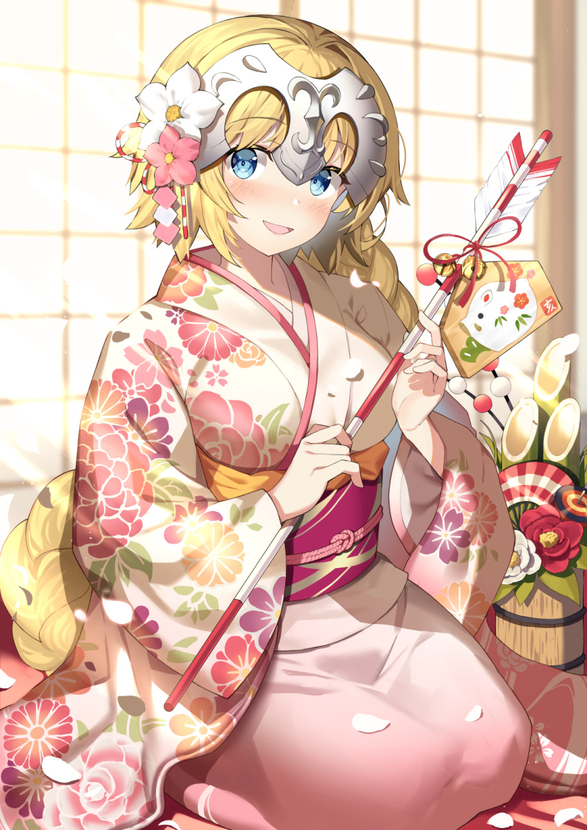 1girl akae_neo alternate_costume bangs blonde_hair blue_eyes blush braid breasts commentary_request contemporary eyebrows_visible_through_hair fate/grand_order fate_(series) floral_print flower from_side full_body hair_flower hair_ornament headpiece highres indoors japanese_clothes jeanne_d'arc_(fate) jeanne_d'arc_(fate)_(all) large_breasts long_hair obi open_mouth sash seiza single_braid sitting sliding_doors solo very_long_hair wide_sleeves