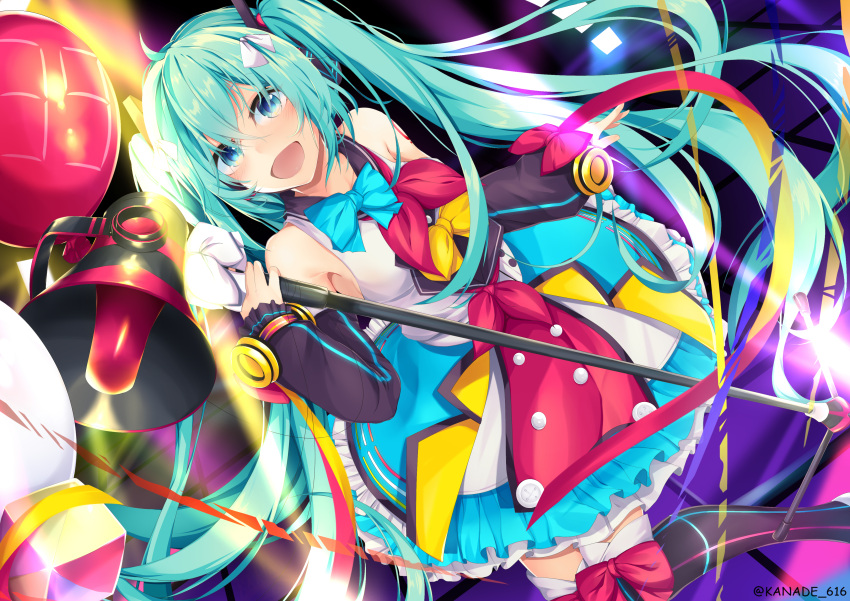 1girl absurdres aqua_eyes aqua_hair balloon black_legwear blush bow detached_sleeves dutch_angle frilled_skirt frills hair_bow hatsune_miku highres kana616 long_hair looking_at_viewer magical_mirai_(vocaloid) megaphone open_mouth over-kneehighs sailor_collar skirt solo tattoo thigh-highs twintails twitter_username very_long_hair vocaloid