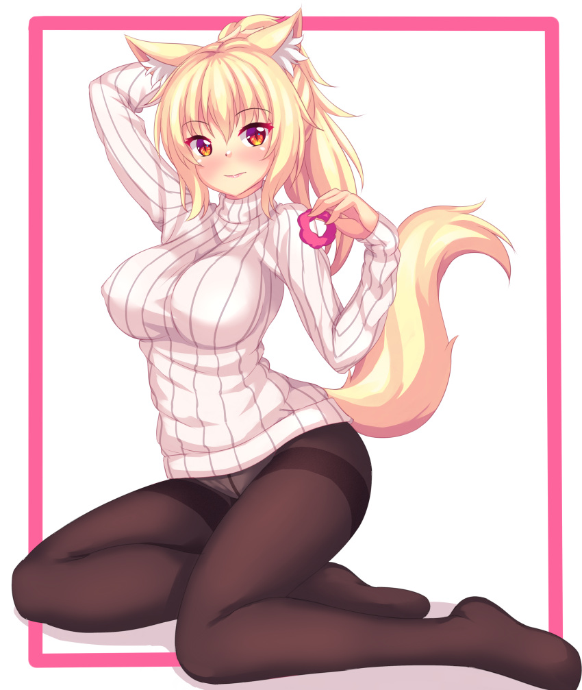 1girl absurdres animal_ears arm_up black_legwear blonde_hair blush breasts cat_ears closed_mouth commentary crotch_seam english_commentary eyebrows_visible_through_hair fast-runner-2024 hair_between_eyes hair_ornament hair_scrunchie highres large_breasts lips long_hair long_sleeves looking_at_viewer no_pants original panties panties_under_pantyhose pantyhose ponytail red_eyes ribbed_sweater scrunchie simple_background slit_pupils solo sweater thighband_pantyhose tiffy turtleneck turtleneck_sweater underwear white_background white_panties white_sweater