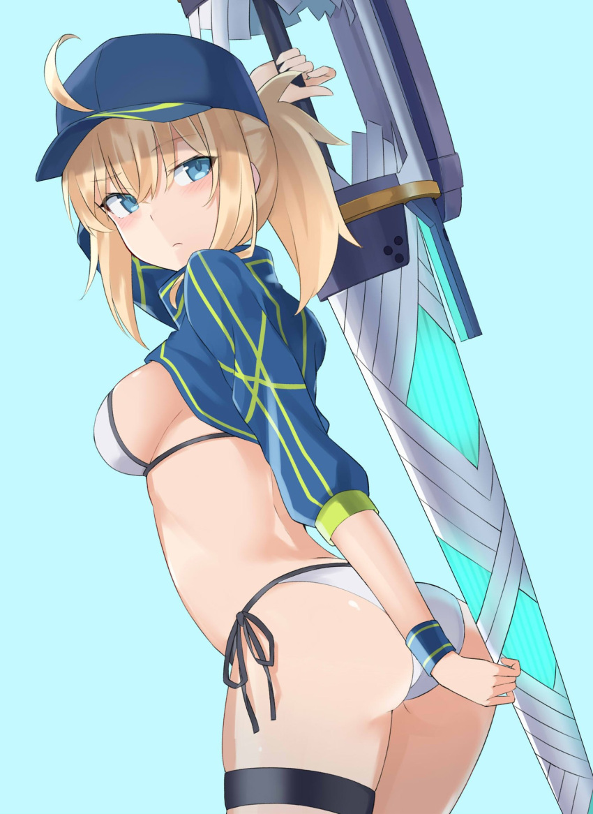 100 1girl ahoge artoria_pendragon_(all) ass bikini blonde_hair blue_eyes cropped_jacket fate/grand_order fate_(series) hat highres looking_back mysterious_heroine_x mysterious_heroine_xx_(foreigner) ponytail side-tie_bikini swimsuit thigh_strap weapon