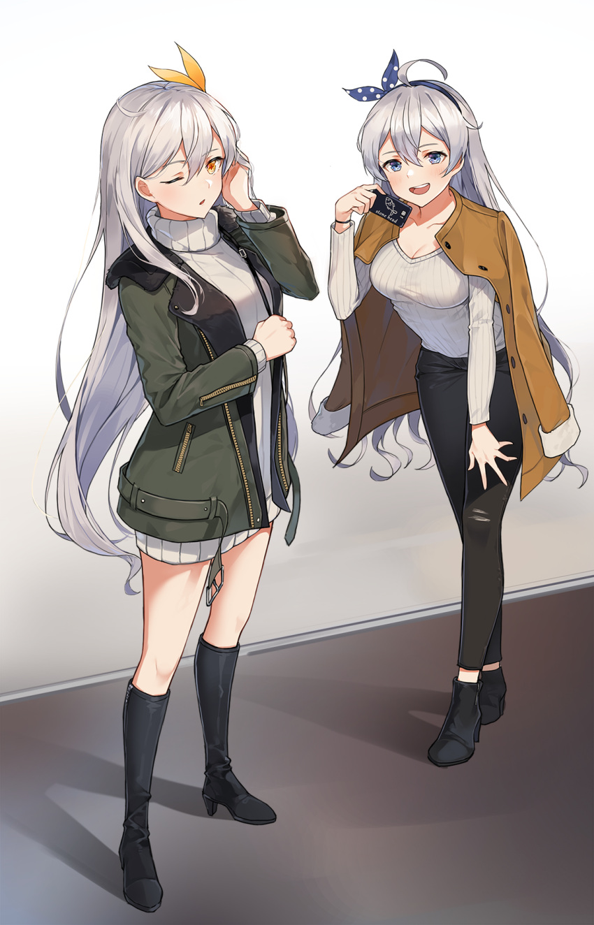 2girls ahoge aliceblue ankle_boots bangs black_footwear black_pants blue_eyes blue_hairband boots braid breasts brown_coat card casual cleavage coat collarbone dark_persona diamond-shaped_pupils dress eyebrows_visible_through_hair full_body green_coat hair_between_eyes hair_ornament hair_tucking hairband hand_on_own_knee herrscher_of_the_void high_heel_boots high_heels highres holding holding_card honkai_impact jacket_on_shoulders kiana_kaslana knee_boots large_breasts leaning_forward long_hair looking_at_viewer medium_breasts multiple_girls one_eye_closed open_clothes open_coat open_mouth pants ribbed_sweater sidelocks silver_hair smile sweater sweater_dress symbol-shaped_pupils turtleneck turtleneck_sweater unzipped very_long_hair white_sweater yellow_eyes