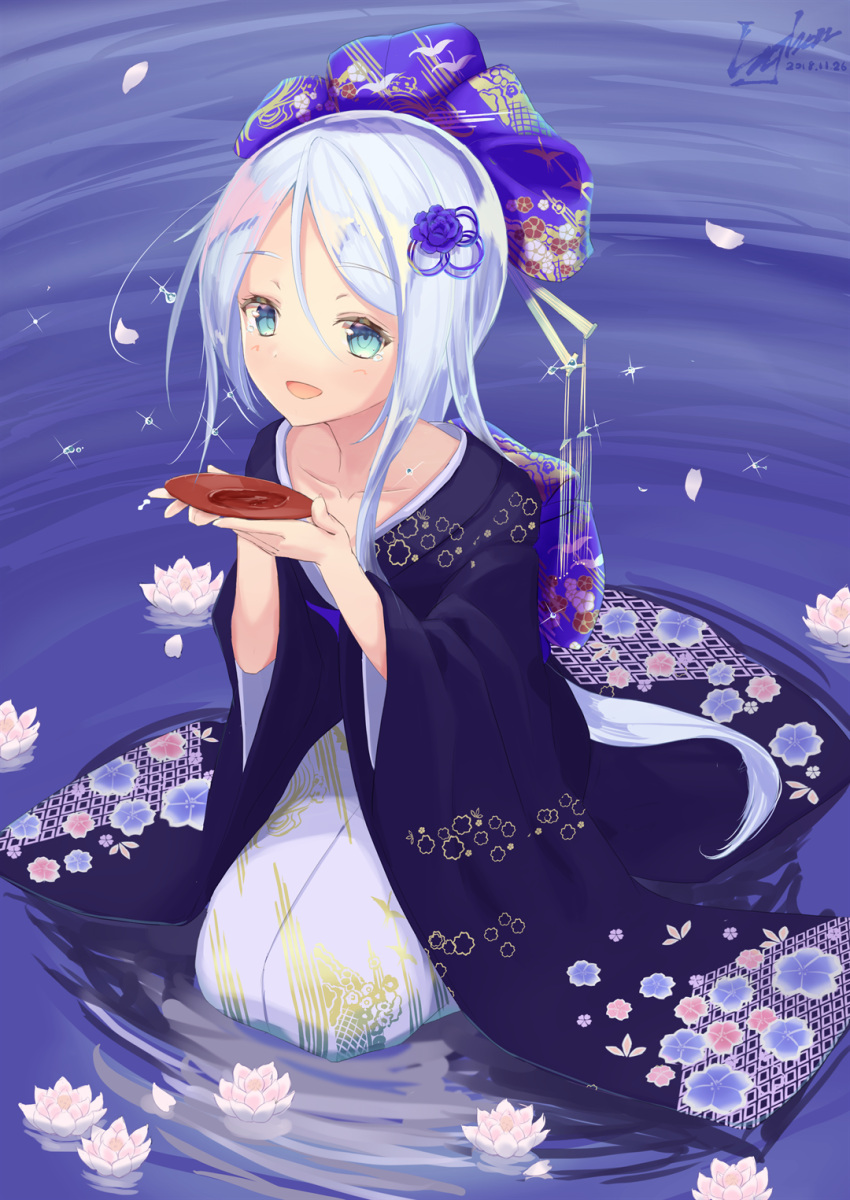 alternate_costume blue_eyes bow eyebrows_visible_through_hair floral_print flower hair_bow hair_flower hair_ornament highres japanese_clothes kantai_collection kimono lajhen2651 long_hair looking_at_viewer silver_hair sitting umikaze_(kantai_collection) very_long_hair wariza water yukata