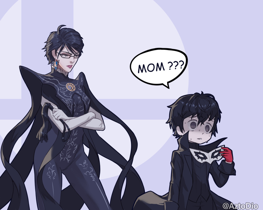 1boy 1girl absurdres alternate_hair_length alternate_hairstyle amamiya_ren amulet azto_dio bayonetta bayonetta_(character) bayonetta_2 black_hair bodysuit cleavage_cutout crossed_arms earrings eyeshadow glasses gloves highres jewelry lipstick makeup mask mole mole_under_mouth mother_and_son nintendo persona persona_5 red_gloves short_hair super_smash_bros. super_smash_bros._ultimate