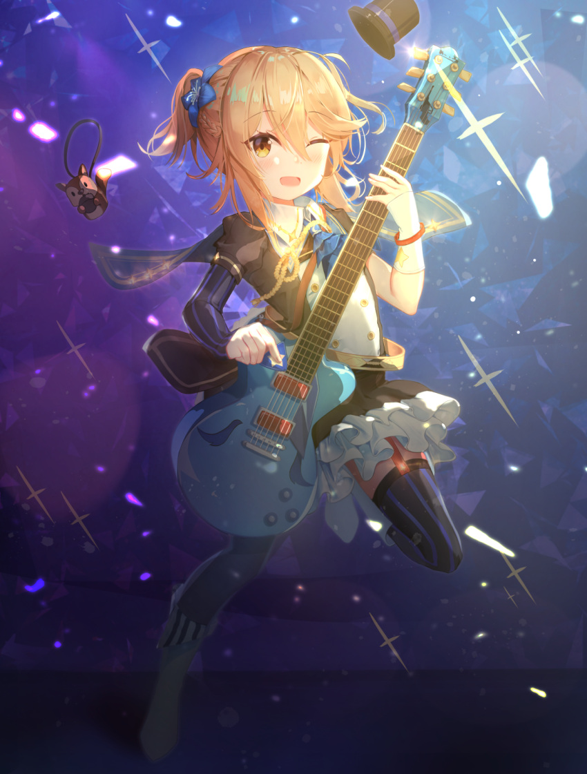 1girl ;d bangs black_footwear black_hat black_legwear black_shirt black_skirt blue_flower blue_neckwear blush boots braid brown_eyes collared_shirt commentary_request eyebrows_visible_through_hair flower garter_straps girls_frontline hair_between_eyes hair_flower hair_ornament hat hat_removed headwear_removed highres holding holding_instrument holding_plectrum instrument light_brown_hair long_sleeves mini_hat mini_top_hat nagant_revolver_(girls_frontline) one_eye_closed one_side_up open_mouth plectrum puffy_short_sleeves puffy_sleeves seero shirt short_over_long_sleeves short_sleeves sidelocks skirt smile solo sparkle striped striped_legwear thigh-highs top_hat vertical-striped_legwear vertical_stripes