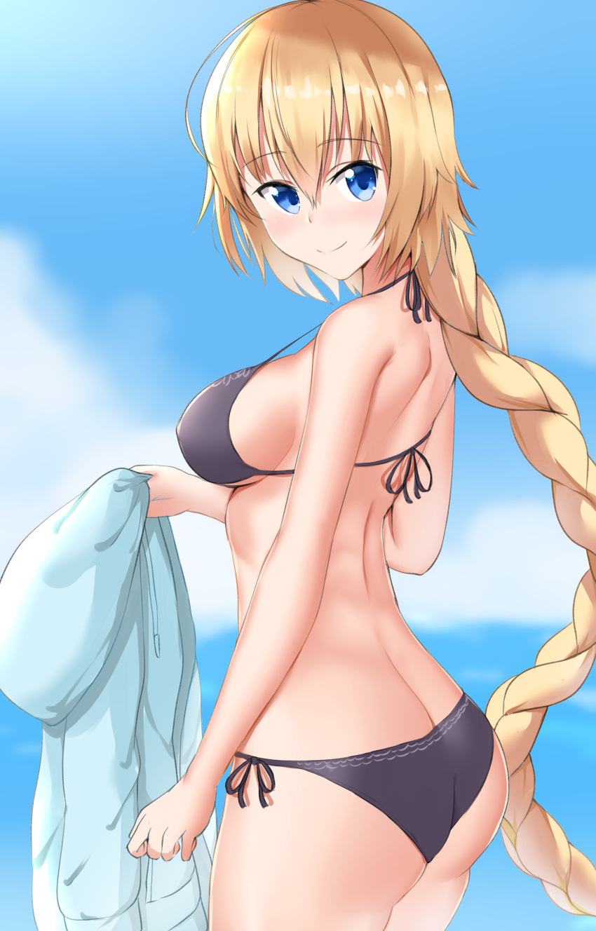 1girl absurdres ass bangs bare_arms bare_shoulders bikini black_bikini blonde_hair blue_eyes blue_jacket blue_sky blurry blurry_background blush braid breasts closed_mouth clouds commentary_request day depth_of_field eyebrows_visible_through_hair fate/grand_order fate_(series) hair_between_eyes halter_top halterneck highres holding holding_jacket jacket jacket_removed jeanne_d'arc_(fate)_(all) jeanne_d'arc_(swimsuit_archer) kirikan large_breasts long_hair looking_at_viewer looking_to_the_side outdoors side-tie_bikini sidelocks single_braid sky smile solo swimsuit very_long_hair