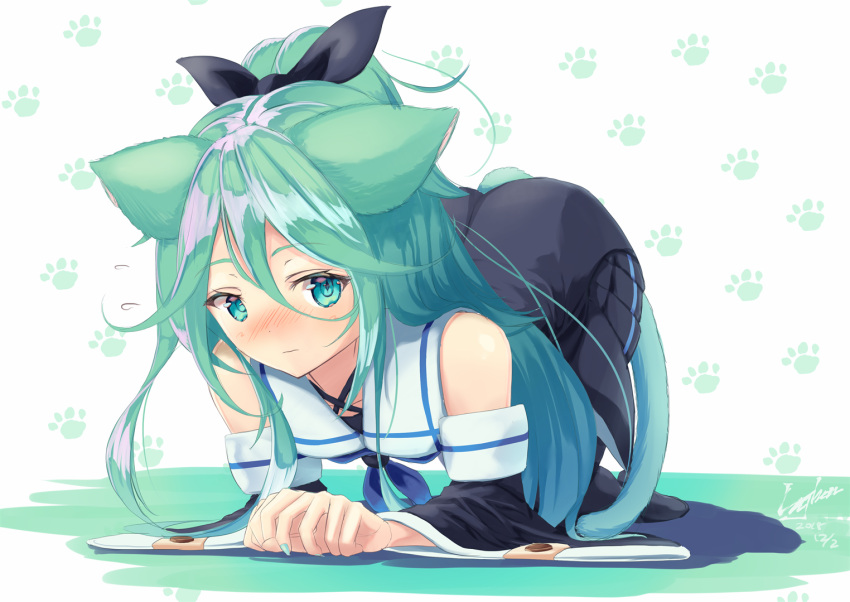 animal_ears aqua_eyes black_legwear black_ribbon black_skirt blue_neckwear blush cat_ears cat_tail closed_mouth detached_sleeves green_hair hair_between_eyes hair_flaps hair_ornament hair_ribbon hairclip kantai_collection lajhen2651 long_hair neckerchief pleated_skirt remodel_(kantai_collection) ribbon school_uniform serafuku skirt tail thigh-highs yamakaze_(kantai_collection)