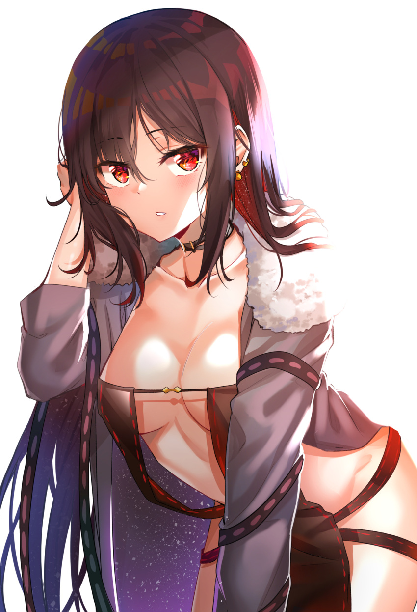 1girl arched_back arm_support bangs black_choker black_dress blush breasts brown_hair center_opening choker collarbone commentary consort_yu_(fate) cowboy_shot dress earrings eyebrows_visible_through_hair fate/grand_order fate_(series) fur-trimmed_jacket fur_collar fur_trim grey_jacket groin hair_flip hand_up highres jacket jewelry leaning_forward long_hair long_sleeves looking_at_viewer medium_breasts navel open_clothes open_jacket parted_lips piercing red_eyes revealing_clothes revision ribbon_trim sidelocks simple_background solo starry_sky_print sunhyun very_long_hair white_background