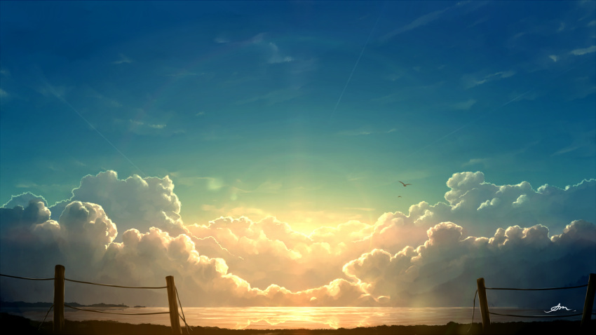alu.m_(alpcmas) bird blue_sky clouds fence ocean original scenery sky sunset wooden_fence