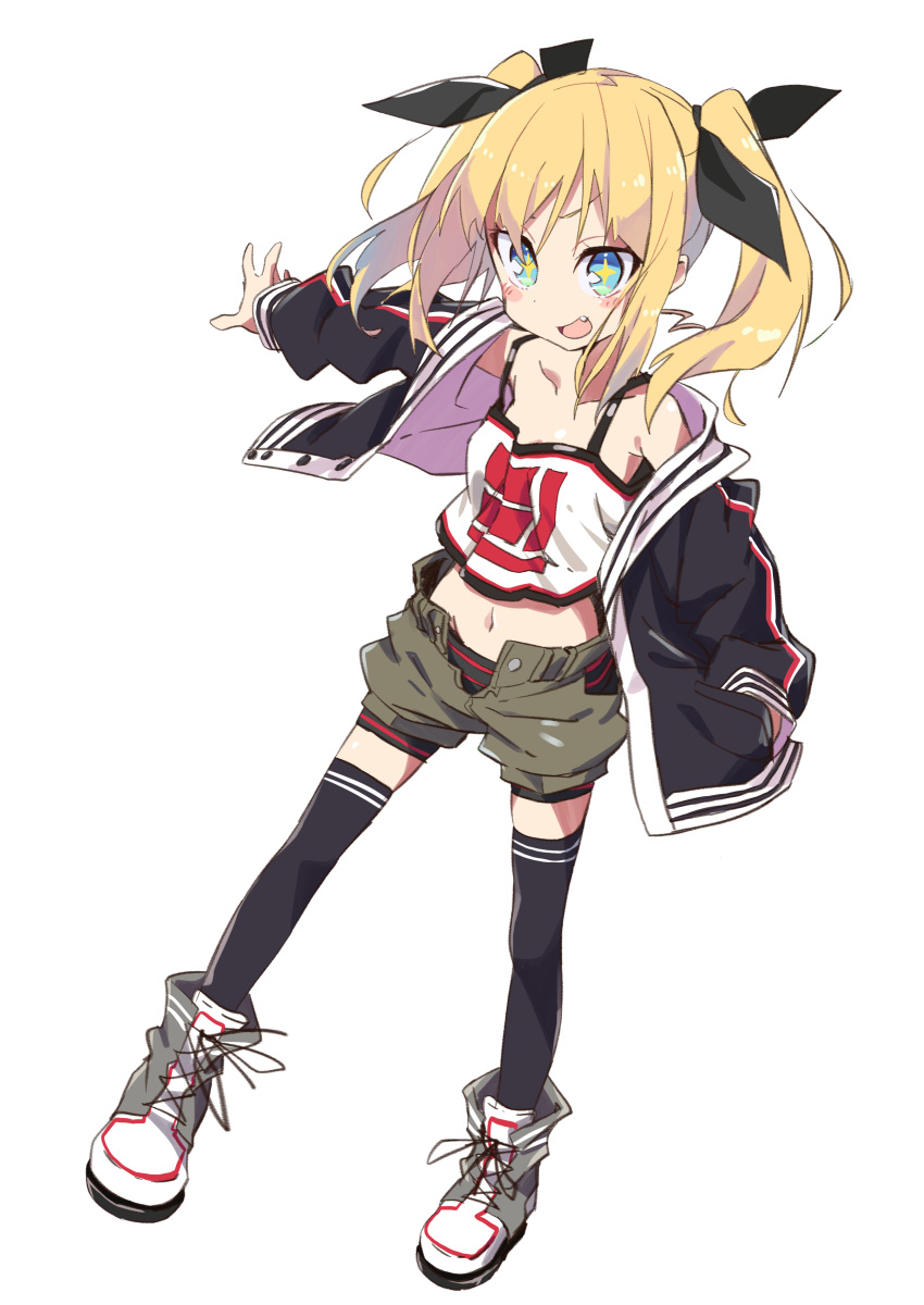 +_+ 1girl :d absurdres amaryllis_class bangs bare_shoulders black_jacket black_legwear black_ribbon black_shorts blonde_hair blush_stickers boots breasts brown_shirt camisole cross-laced_footwear eyebrows_visible_through_hair fang full_body hair_between_eyes hair_ribbon hand_in_pocket highres jacket kotohara_hinari lace-up_boots long_hair long_sleeves looking_at_viewer navel off_shoulder open_clothes open_jacket open_mouth puffy_long_sleeves puffy_sleeves ribbon shirt short_shorts shorts shorts_under_shorts sidelocks simple_background small_breasts smile solo tama_(tama-s) thigh-highs twintails virtual_youtuber white_background white_camisole white_footwear