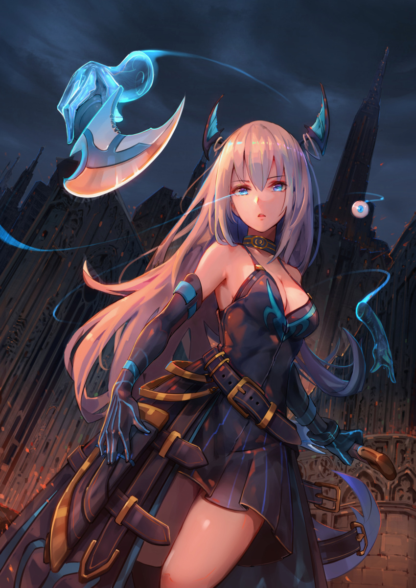 1girl bare_shoulders belt black_dress black_gloves black_legwear blue_eyes breasts building choker cleavage clouds cloudy_sky collarbone commentary_request dress dutch_angle elbow_gloves eyeball floating_hair gloves glowing glowing_eye head_wings highres holding holding_sword holding_weapon long_hair looking_at_viewer medium_breasts nekojira night open_mouth original outdoors pleated_dress revision sheath silver_hair sky sleeveless sleeveless_dress solo sword thigh-highs tower very_long_hair waistcoat weapon